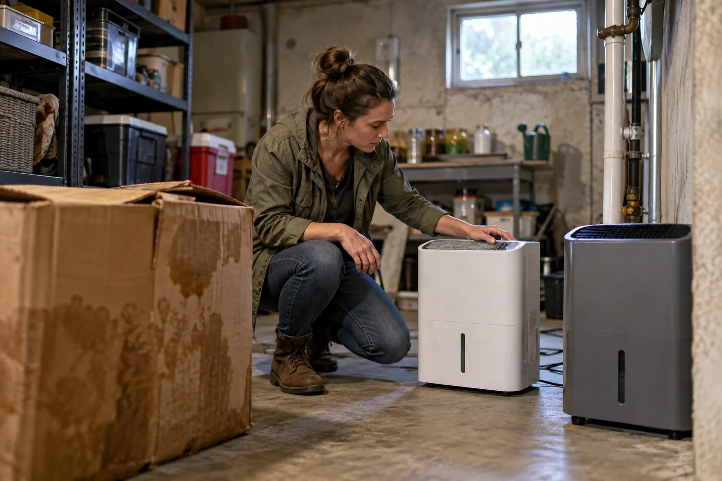 A realistic everyday scene illustrating basement dehumidifier