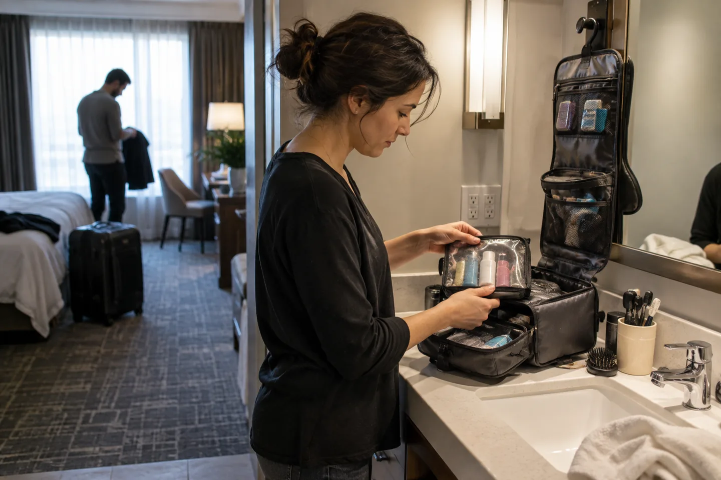 Lifestyle scene for Toiletry Bags That Make Security and Hotel Mornings Easier